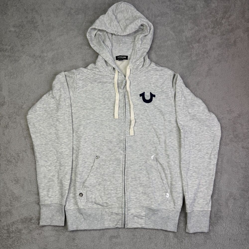 True Religion Buddha World Tour Cropped Hoodie Women Small Gray Heather Full Zip
